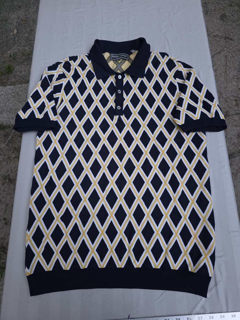 Paisley & Gray: Navy, White & Yellow Diamond-Pattern Polo